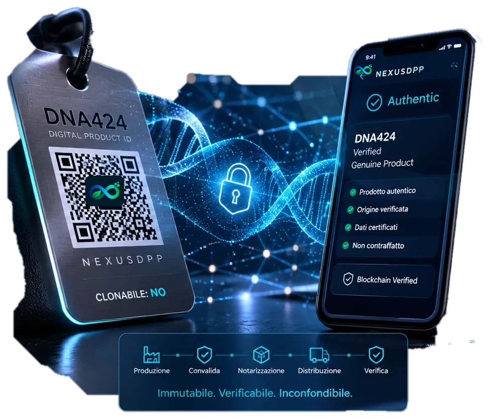 NexusDpp DNA424 tag with encrypted QR, digital identity and smartphone authenticity verification