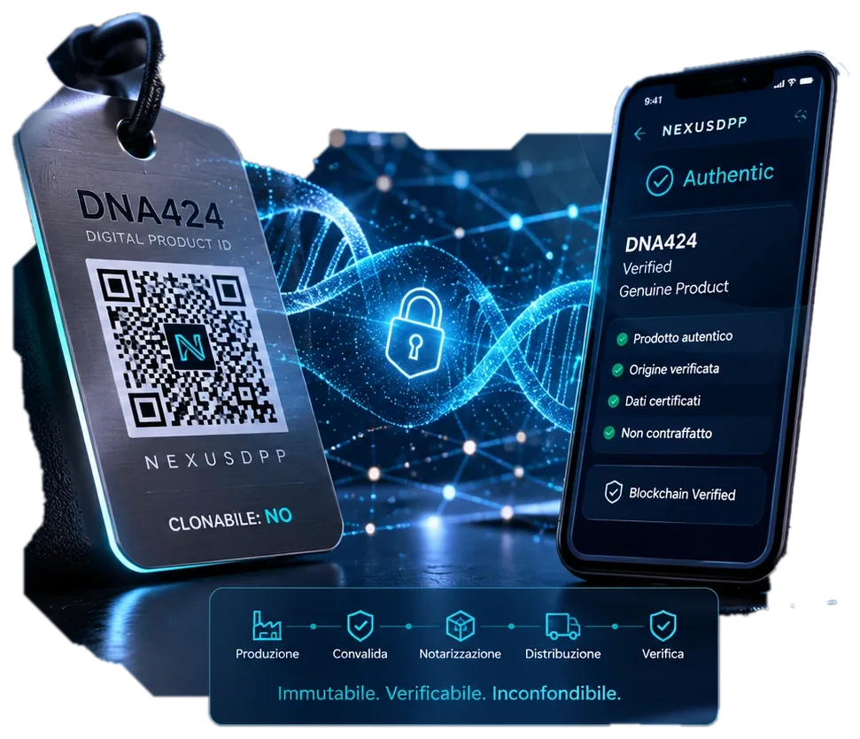 Tag DNA424 NexusDPP con QR crittografato, identità digitale e verifica di autenticità tramite smartphone