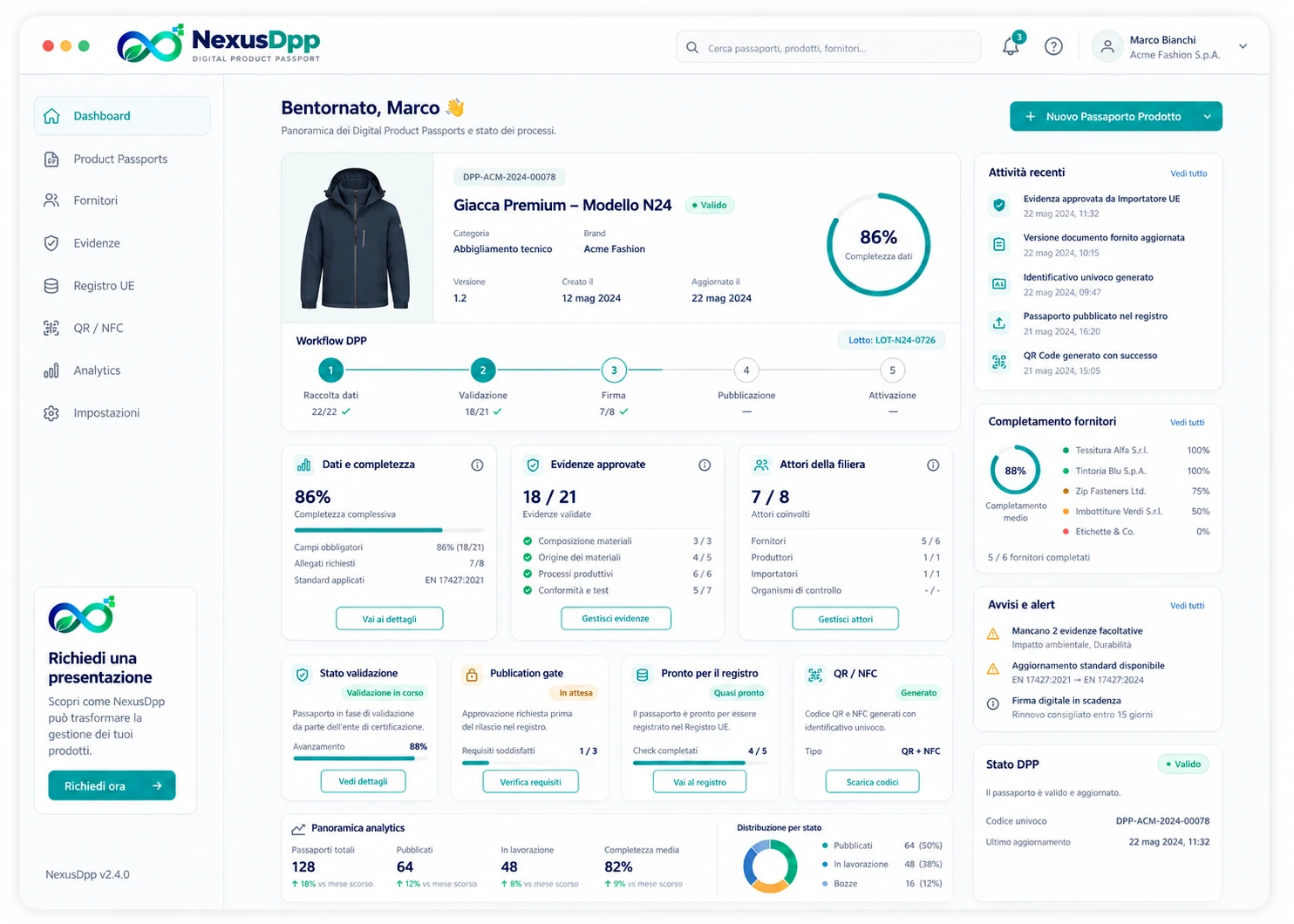 Dashboard completa NexusDpp per la gestione dei Digital Product Passport