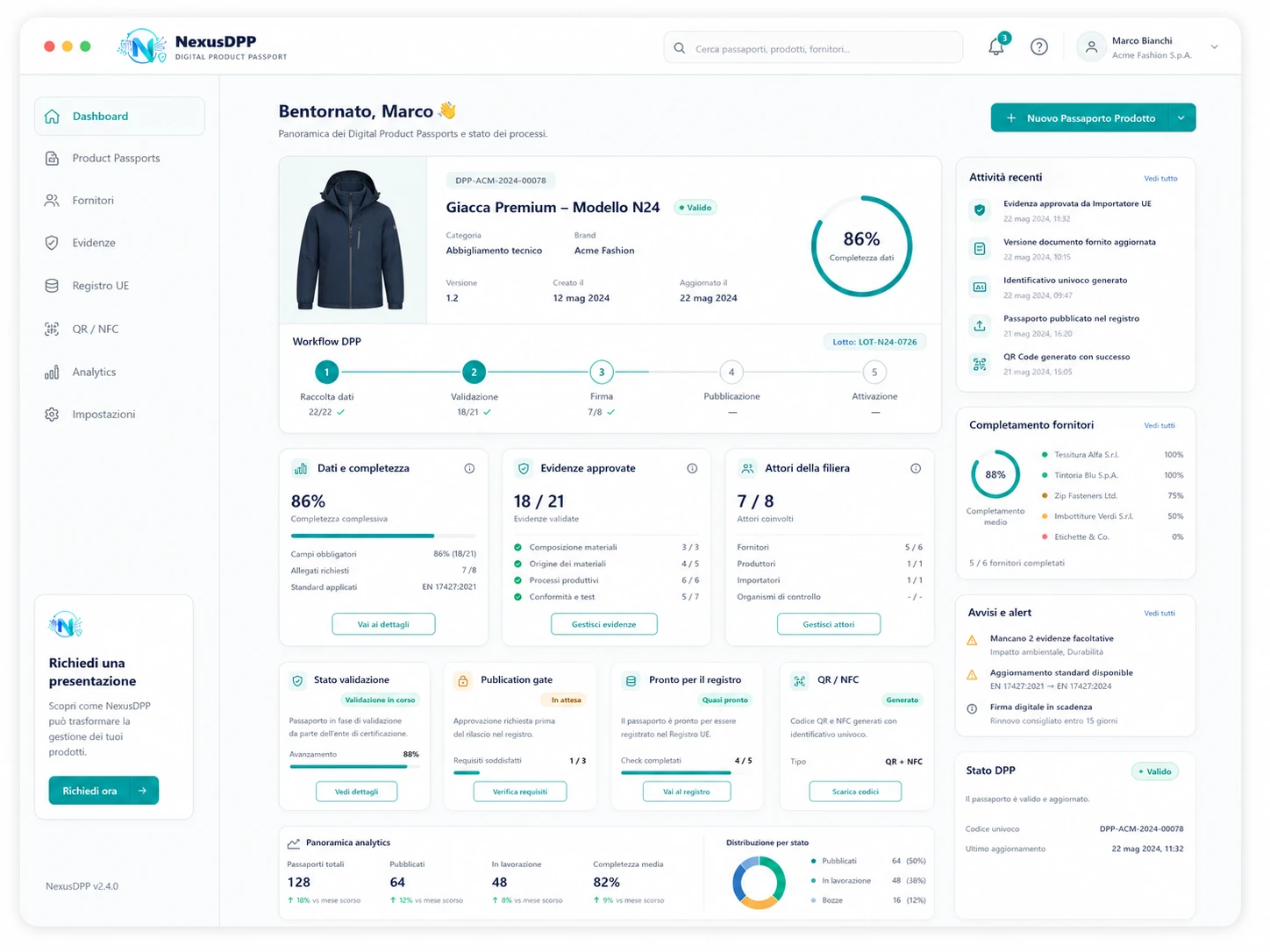 Dashboard completa NexusDPP per la gestione dei Digital Product Passport