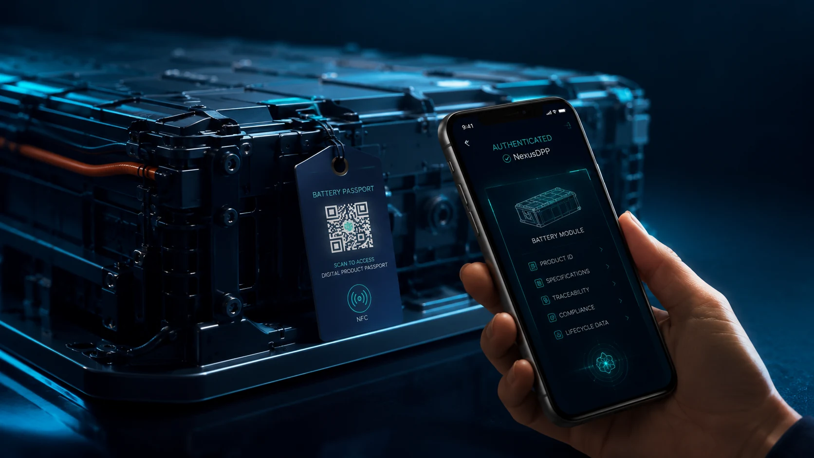 Modulo batteria autenticato tramite tag QR e NFC NexusDPP con verifica da smartphone