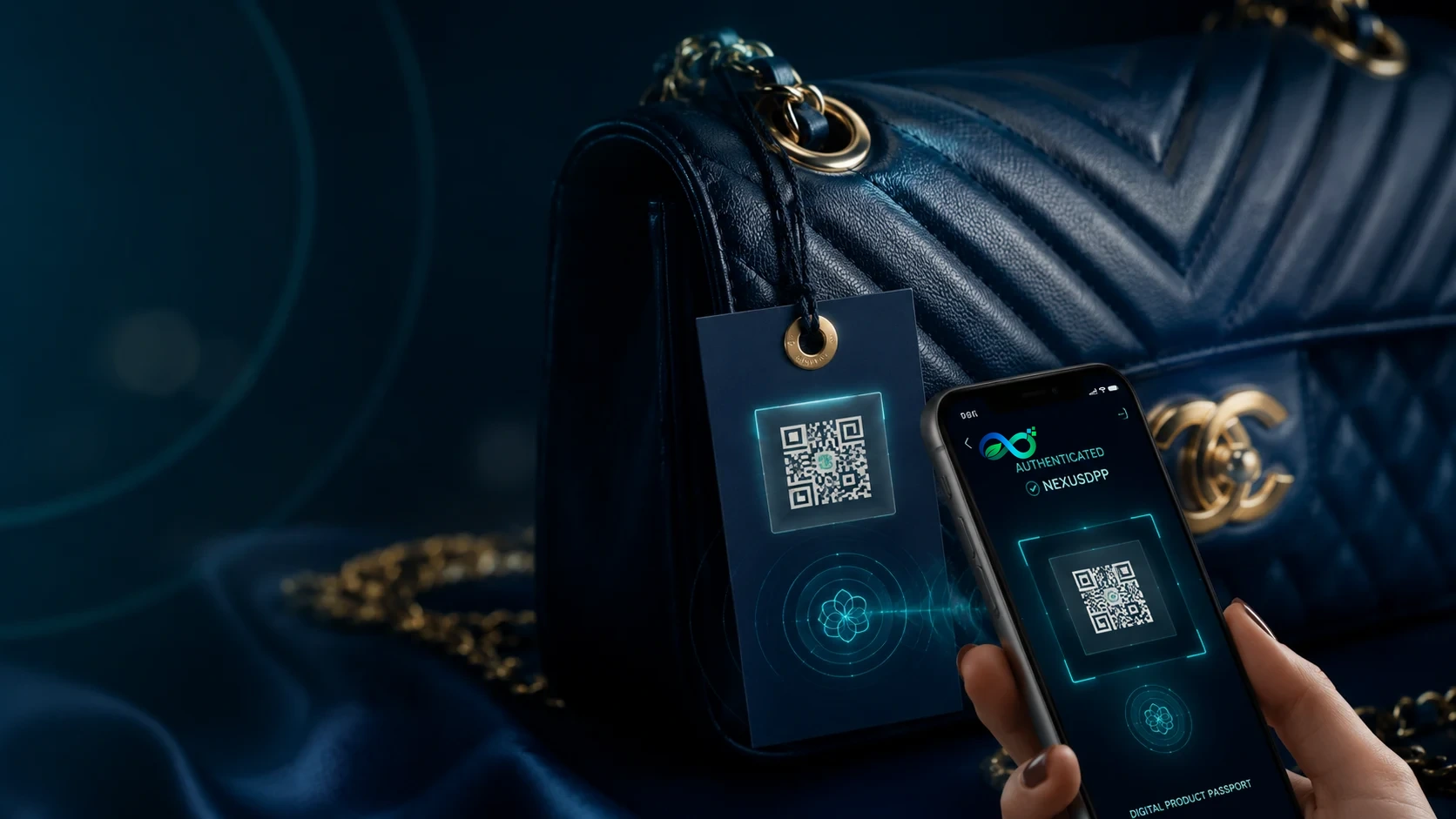 Accessorio moda di lusso autenticato tramite tag QR NexusDpp scansionato da smartphone
