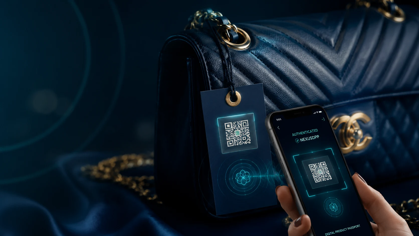 Accessorio moda di lusso autenticato tramite tag QR NexusDPP scansionato da smartphone