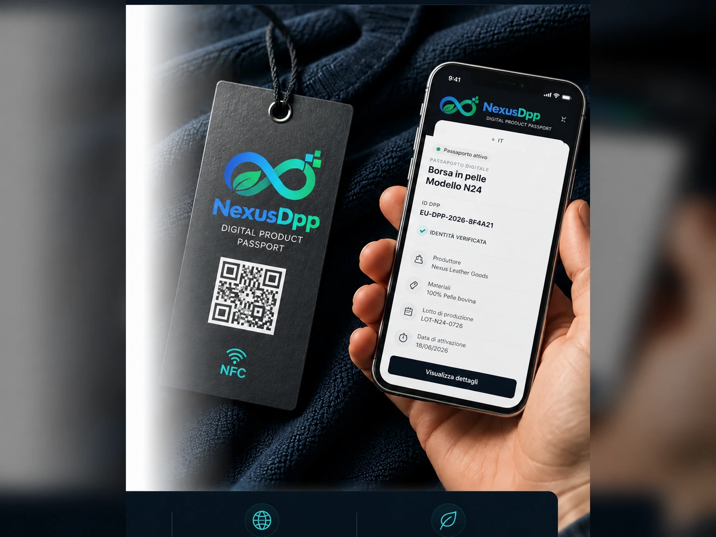 Prodotto fisico con tag QR e NFC NexusDpp scansionato da smartphone per verificare identità e Digital Product Passport