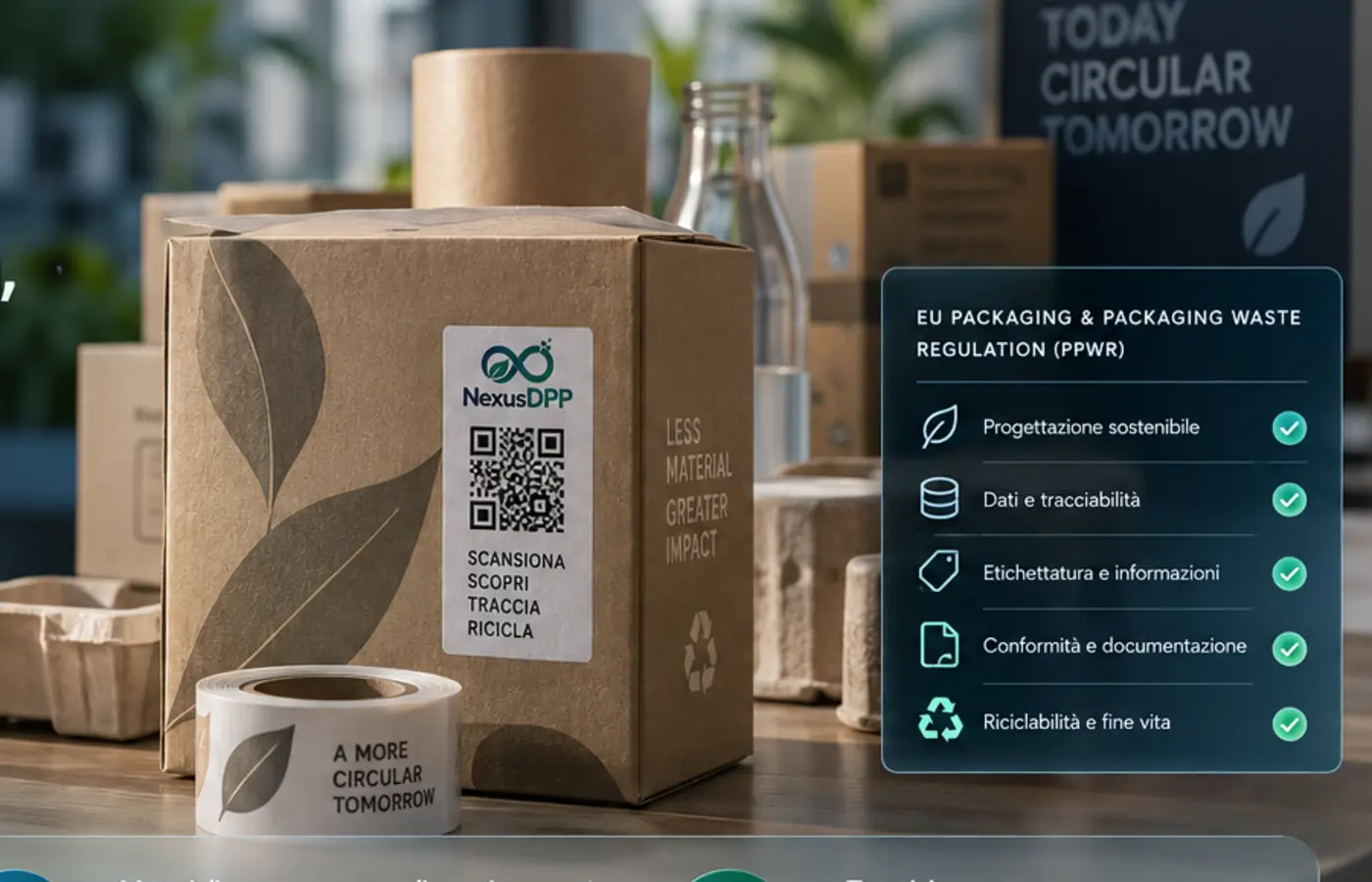 Scatola packaging con QR code e pannello PPWR NexusDpp