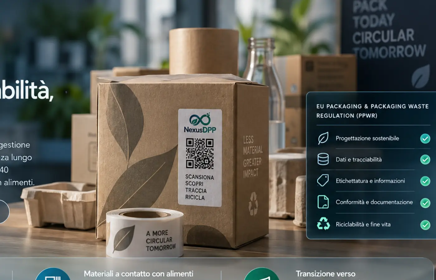 Vista packaging NexusDpp con dati PPWR e materiali a contatto con alimenti