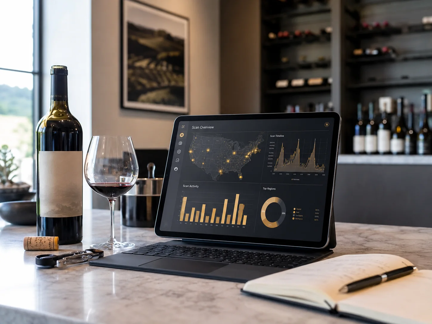 Dashboard con report su scansioni e attività delle bottiglie di vino